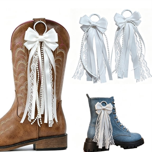 Cowboy Boot Bow Tassel Accessories, 2Pcs Decorative Boot Clips for Western Cowgirls, Nylon and Spandex, White