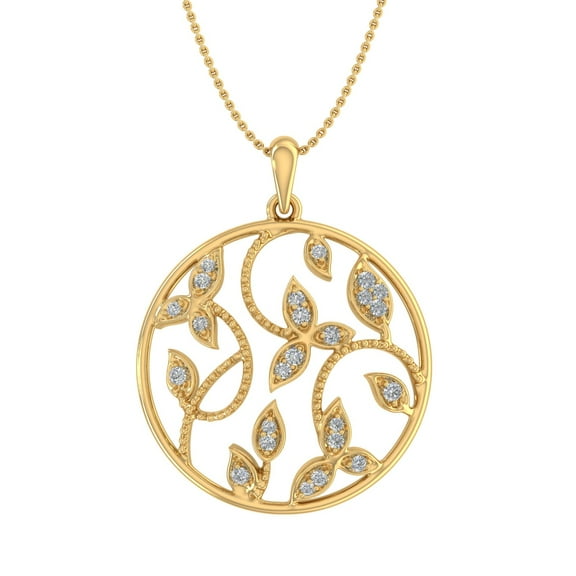 1/10 Carat Diamond Leaf Circle Pendant Necklace in 14K Yellow Gold (Included Silver Chain) (I1-I2 Clarity)