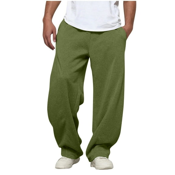 Dresfit Wide Leg Pants for Men Solid Color Elastic Waist Cotton Joggers Open Bottom Drawstring Big and Tall Sweatpants Straight Pull on Running Track Pants Army Green L