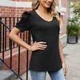 thumbnail image 3 of Top de manga corta abombada para mujer, Color puro, cuello en V, corte holgado, informal, elegante, jersey de verano, Top negro S, 3 of 6
