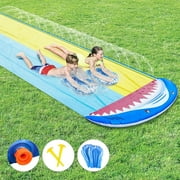 Water Slip and Slide, Shark Water Splash Slide with 2 Boogie Boards, 2 Giant Racing Lanes with Sprinklers and Inflatable Crash Pad, Kids Adult Lawn Garden Outdoor Party Water Toys (16ft x 5ft)