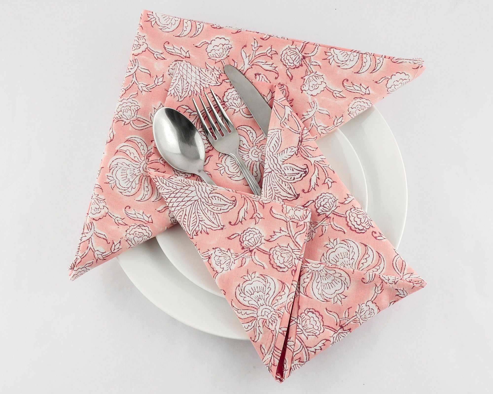 Salmon Pink and Off White Indian Floral Hand Block Printed 100 Pure