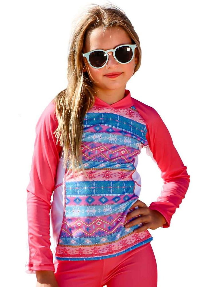 Sun Emporium Girls Pink UV Sun Protective Rash Guard Swim Suit with Long Sleeves UPF/SPF Protection 