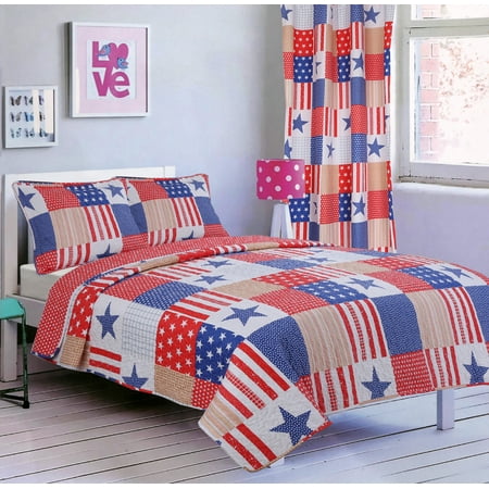 Curtains Matching Bedding All American Collection New 2pc American Flag Design Twin Size Printed Bedspread Set w/ Matching Curtains ()