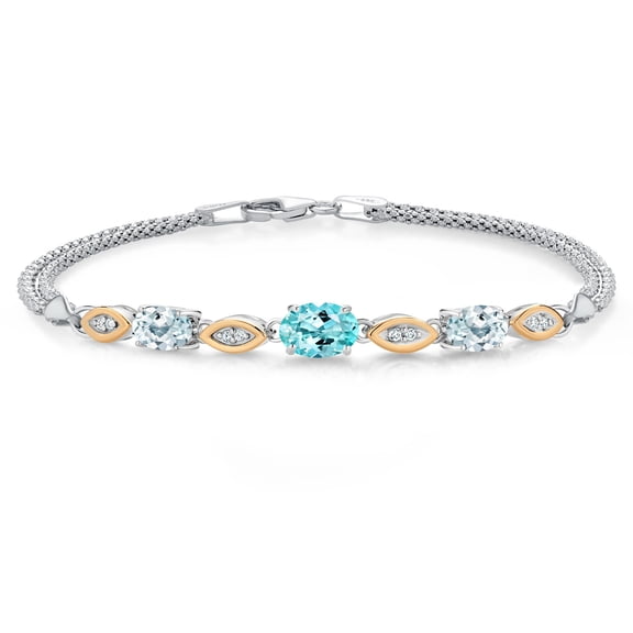 Gem Stone King 925 Silver and 10K Yellow Gold Blue Apatite and Sky Blue Aquamarine and White Lab Grown Diamond Bracelet for Women (1.88 Cttw, Gemstone, Oval, Wheat Chain, 7 inches)