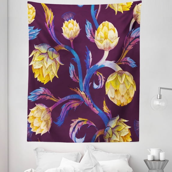 Artichoke Tapestry, Art Nouveau Style Arrangement with Vibrant Colored Vegetable Vegan, Fabric Wall Hanging Decor for Bedroom Living Room Dorm, 5 Sizes, Dark Blue Yellow, by Ambesonne