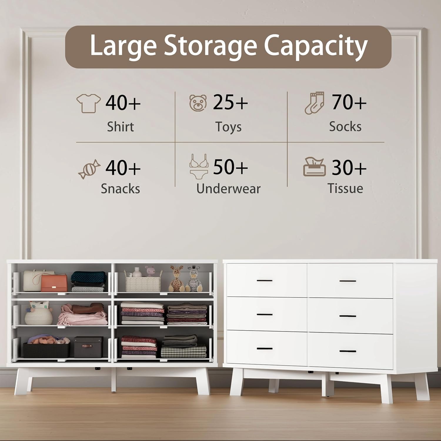 FANRAL 6 Drawer Dresser for Bedroom,Wood Modern Chest of Drawers with X-Shaped Sturdy Base,White Dresser