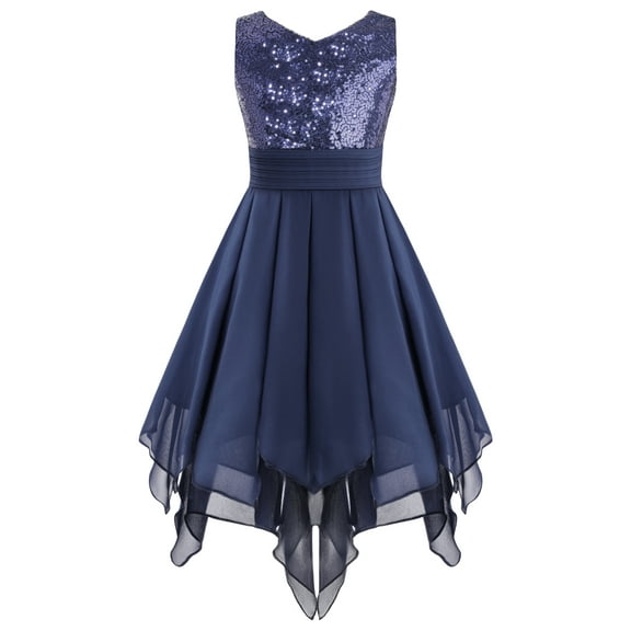 CHICTRY Girls V Neck Shiny Sequins Bodice Formal Dress Ruched Waistline Asymmetrical Hem Bridesmaid Birthday Party Dress Navy Blue 10