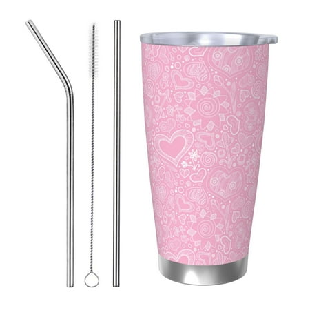 

20oz Straw Three-Piece Set Car Cup For The Coffee Shop Office Car Sports Home Easy To Carry Out Valentines Day Cardornate Handdrawn Pattern