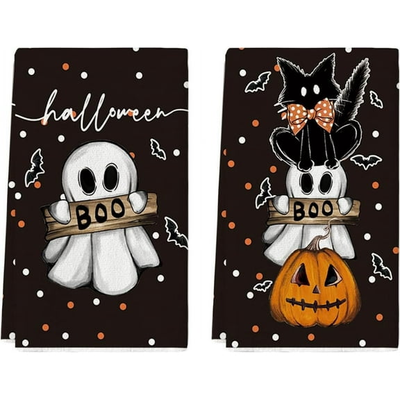 Black Cat Pumpkin Ghost Halloween Kitchen Towels Dish Towels, 18x26 Inch Bats Jack-O''-Lantern Decoration Hand Towels Set of 2