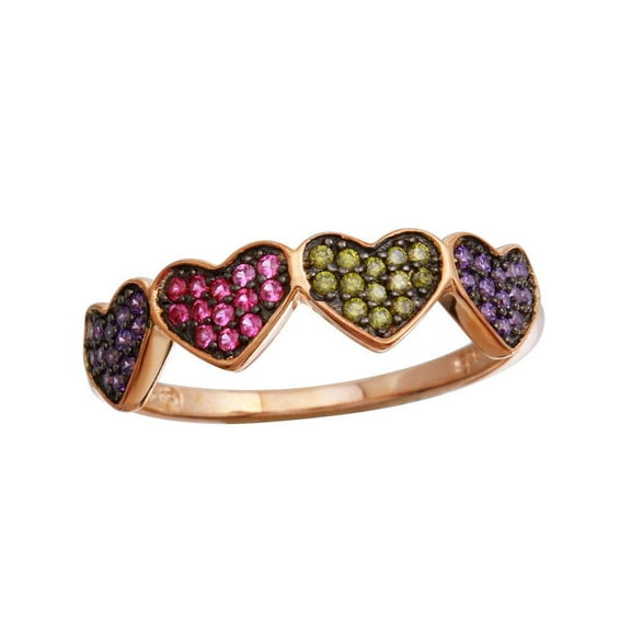 Rose Gold Plated 925 Sterling Silver Heart Ring Multi-Colored Band Multi-color CZ Female Size 6