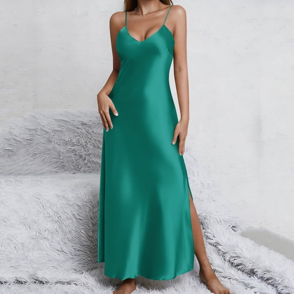 QUNYINEY Sleeveless Women Dresses Summer Satin Maxi Green Slip Dress V Neck Loose Fit with Slit Green Nightgown