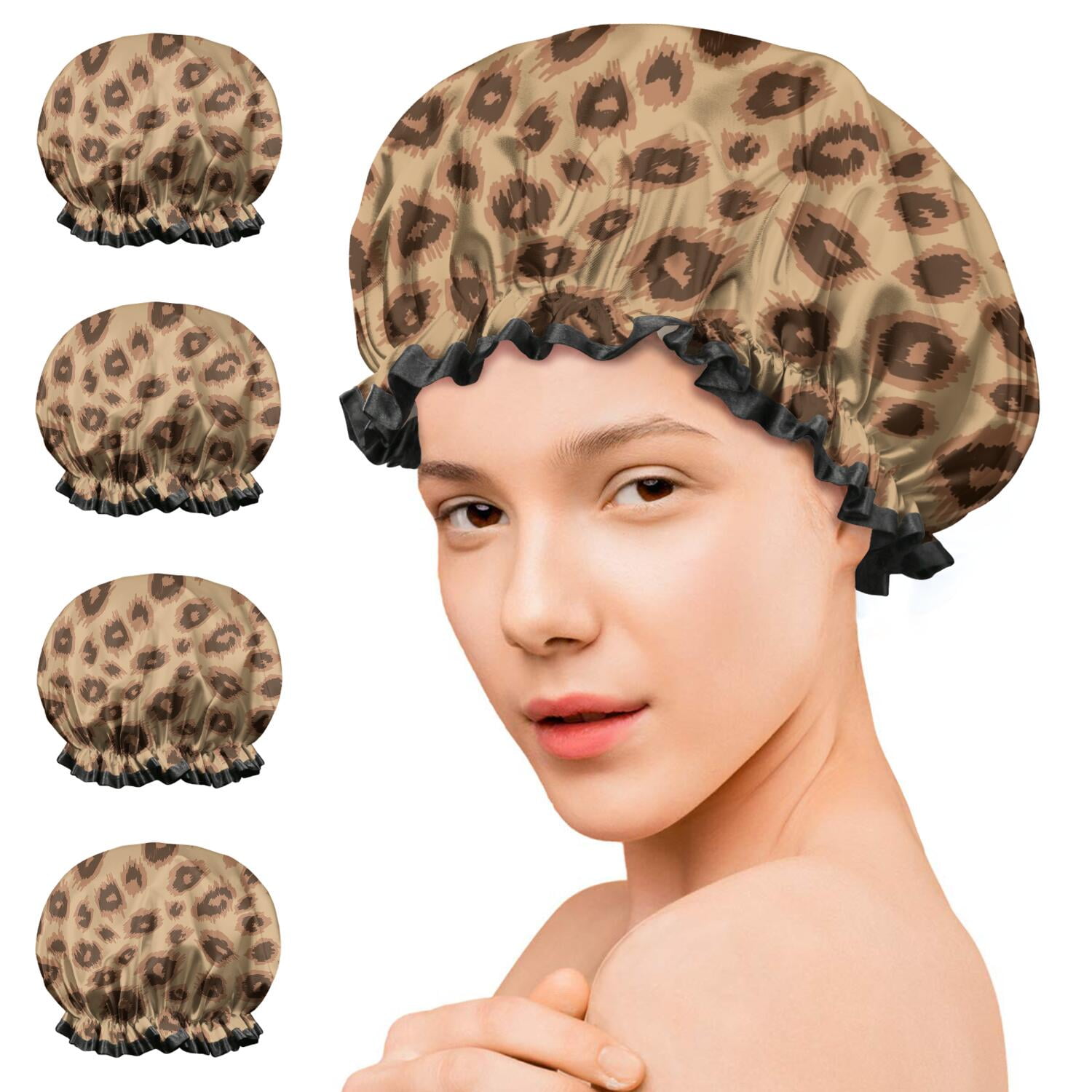 Shower Caps,Leopard Pattern Waterproof Shower Cap for Women 4 Pieces,Double Reusable Hair Cover for Shower PEVA Elastic Stretch Hem