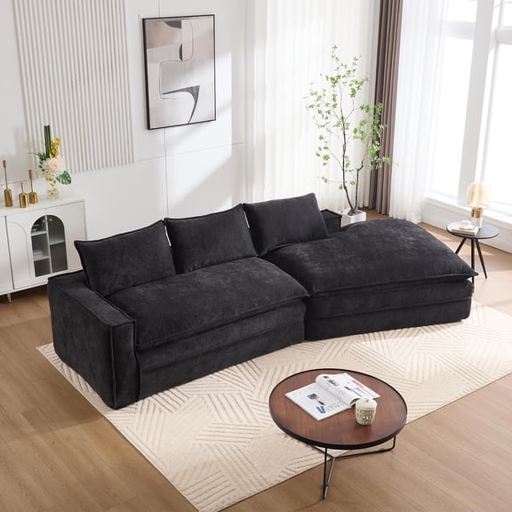 133 inch Sectional Couches for Living Room, Modern L Shaped Boneless Couch with Chaise, Cloud Sectional Sofa with Deep Seat, Upholstered Corduroy Couch for Bedroom (Black)