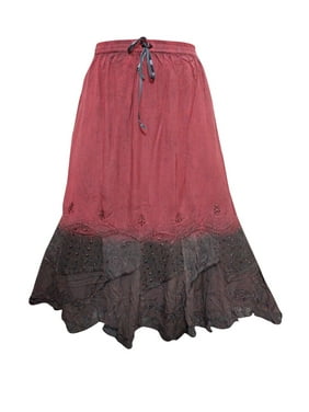 Mogul Women's Long Skirt Vintage Embroidered Elastic Waist Rayon Skirts