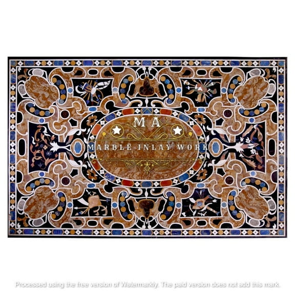 Intricate Floral Inlay Table Top – Natural Marble Pietra Dura Stone Art for a Timeless Dining Experience