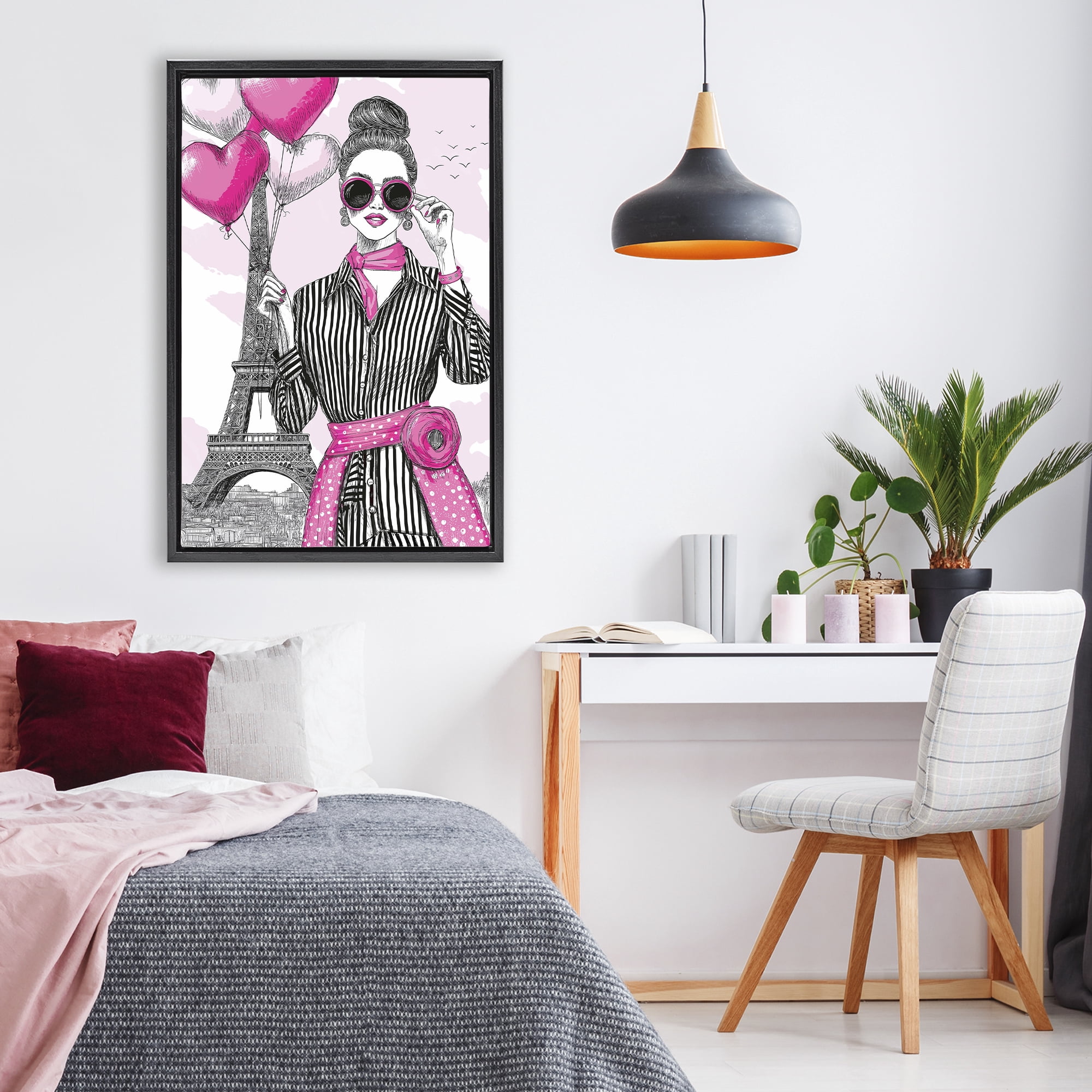 Stupell Industries Parisian Chic Woman with Balloons Black Framed Floater Canvas Wall Art, design by Jess Stempel