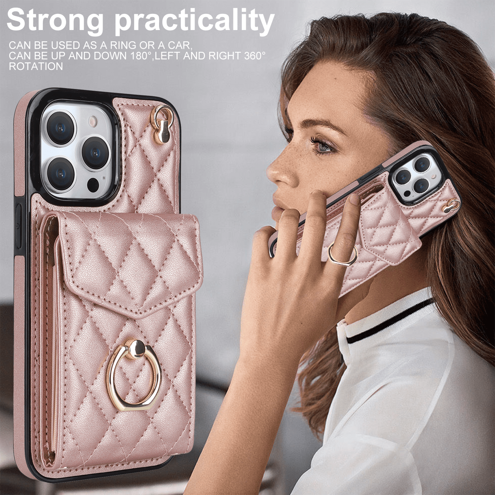 Asuwish Wallet RFID Blocking PU Leather Cell Phone Case with Tempered Glass Screen Protector, Wrist Strap for iPhone 15 Pro Max, Rose Gold