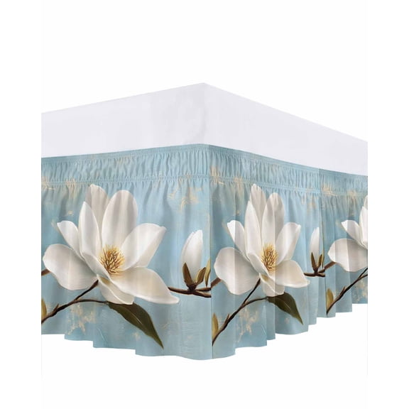 White Floral Ruffle Bed Skirt King Size Magnolia Leaf Plant Adjustable Elastic Dust Bed Skirts Wrap Around Bedskirt Wrinkle Free Easy Fit with 18 Inch Drop