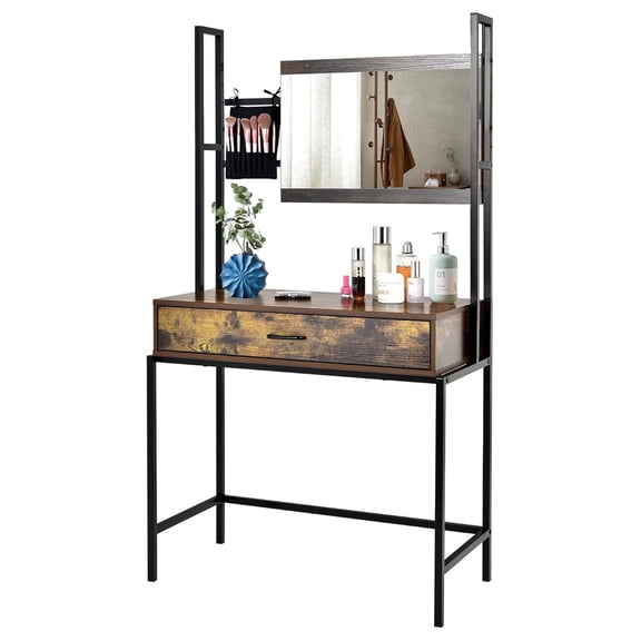 Rustic Vanity Table with 3-Height Adjustable Left or Right Mirror, Large Drawer, Cosmetic Brush Storage Bag Included, Sturdy Metal Frame, Industrial Style Makeup Dressing Table Writing Desk