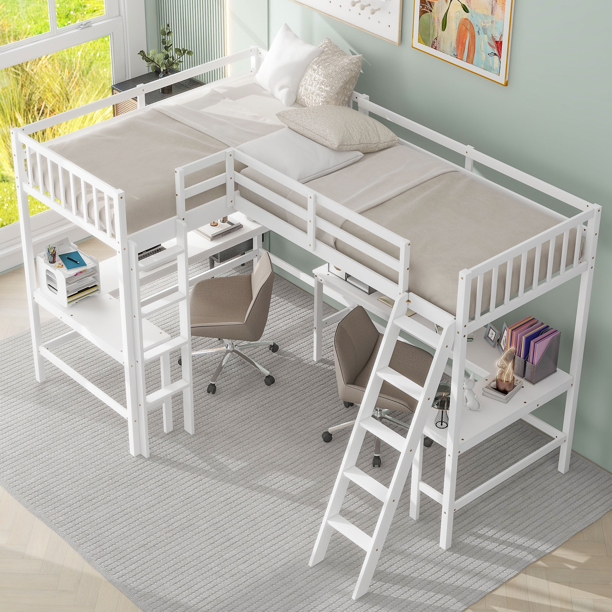 MAYEERTY Wood Twin Size L-Shaped Loft Bed with Ladder and 2 Built-in L-Shaped Desks, White