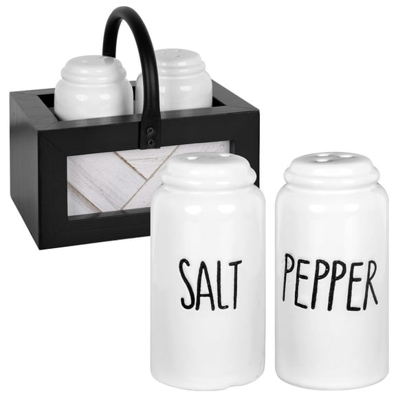 Autumn Alley Farmhouse Salt and Pepper Shakers Set with Wooden Holder Caddy, Black and White