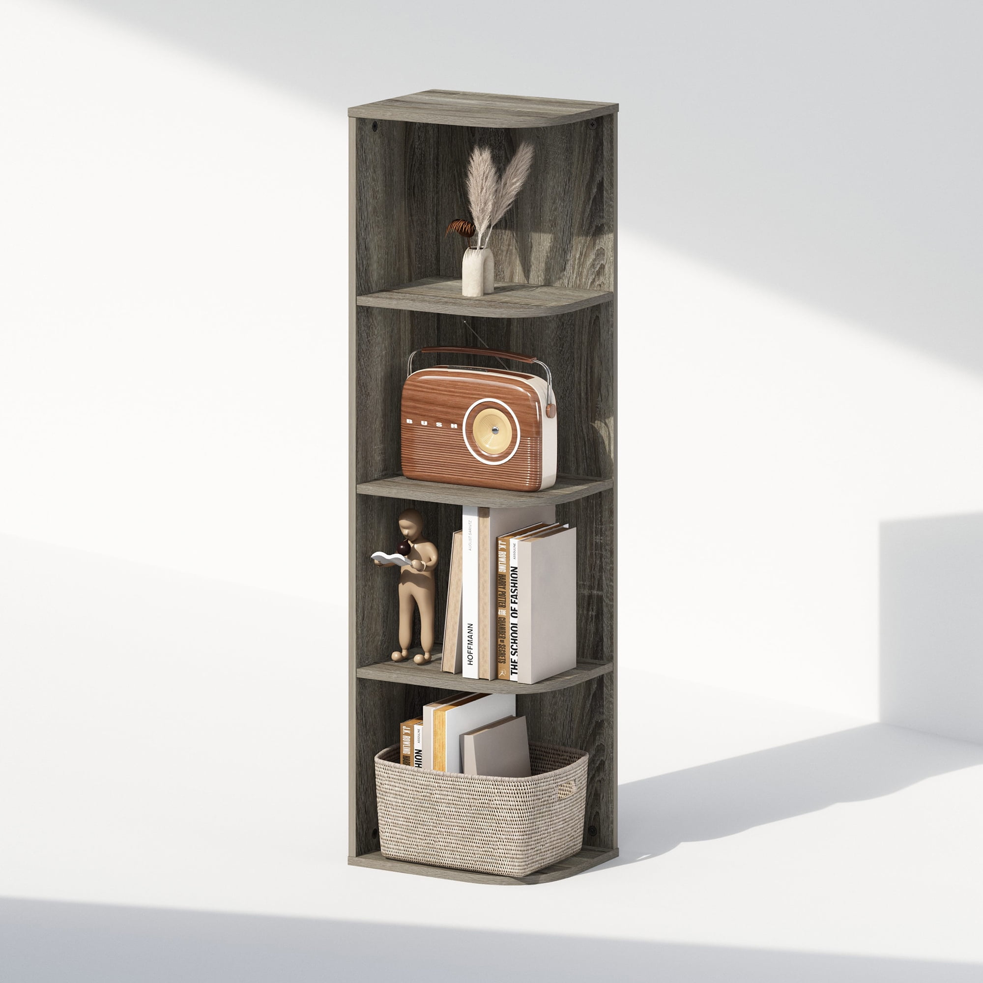 Furinno Reed 4-Tier Space Saving Corner Storage Display Shelf, Bookshelf, French Oak