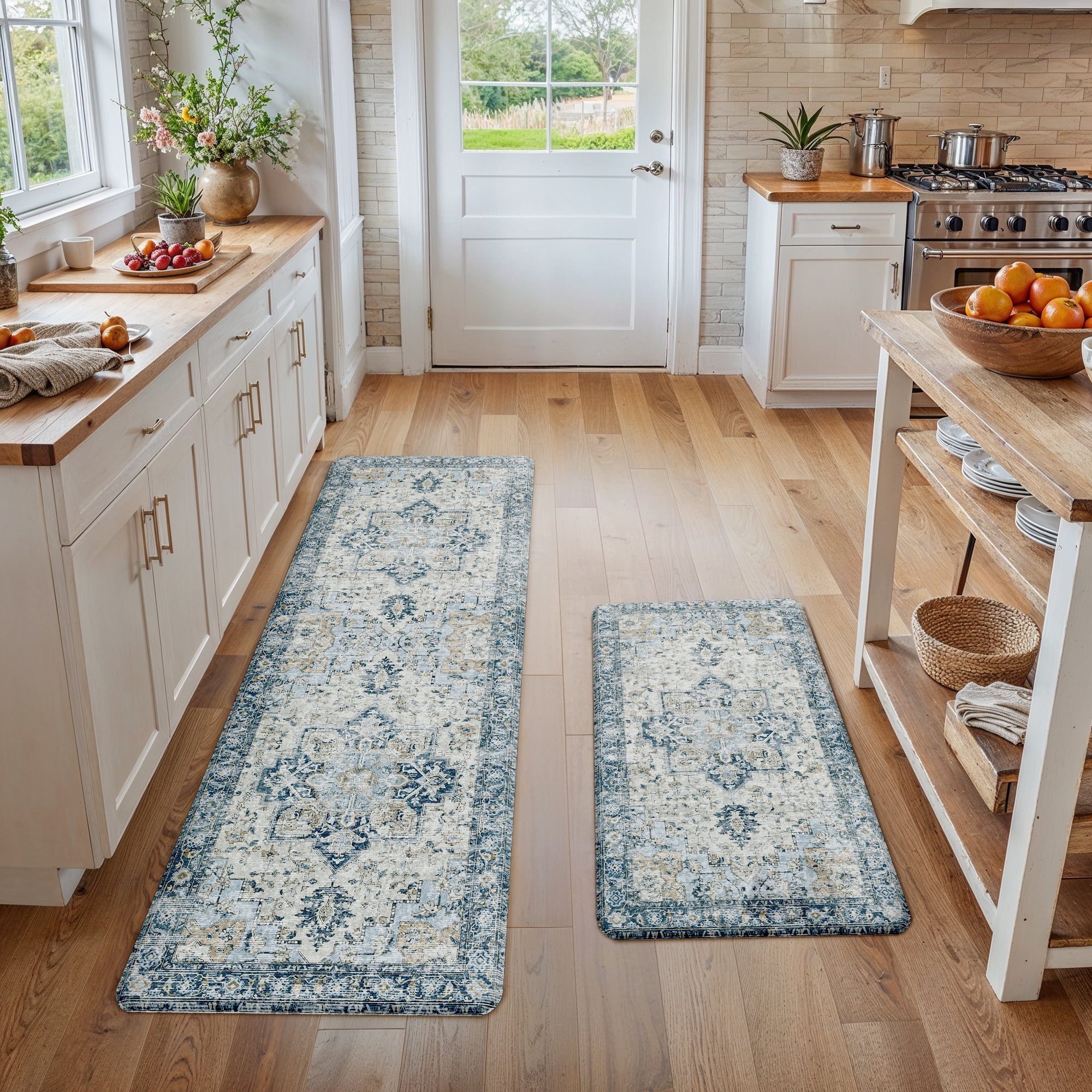 KUETH Kitchen Rug for Floor, Kitchen Mat Anti Fatigue, Non Slip Washable Kitchen Rug, Set of 2 Kitchen Mat 17"x47"+17"x30", Blue