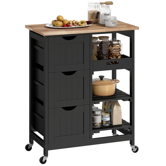 HOMCOM Kitchen Cart on Wheels with Wood Top, 3 Drawers and Shelves, Black