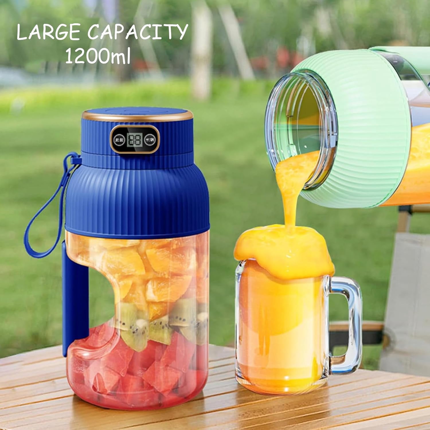 Juicer Cup,Multifunctional Portable Juicer Cup with Digital Display, Fruit Mixers Juicers Electric Juicer,Shakes and Smoothies,Wireless Portable Blender Rechargeable (Bue)