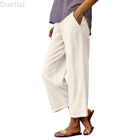 DuoJiaJ Casual Linen Wide Leg Pants Loose Fit High Waist Comfortable Trousers For Everyday Wear Women's Wide Leg Pants Beige L