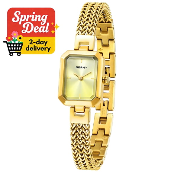 BERNY Small Gold Watches for Women, Dainty Minimalist Dress Watch with Square Dial, Vintage Stainless Steel Bracelet Watch, Waterproof, Ladies Luxury Watch Gifts (Gold)