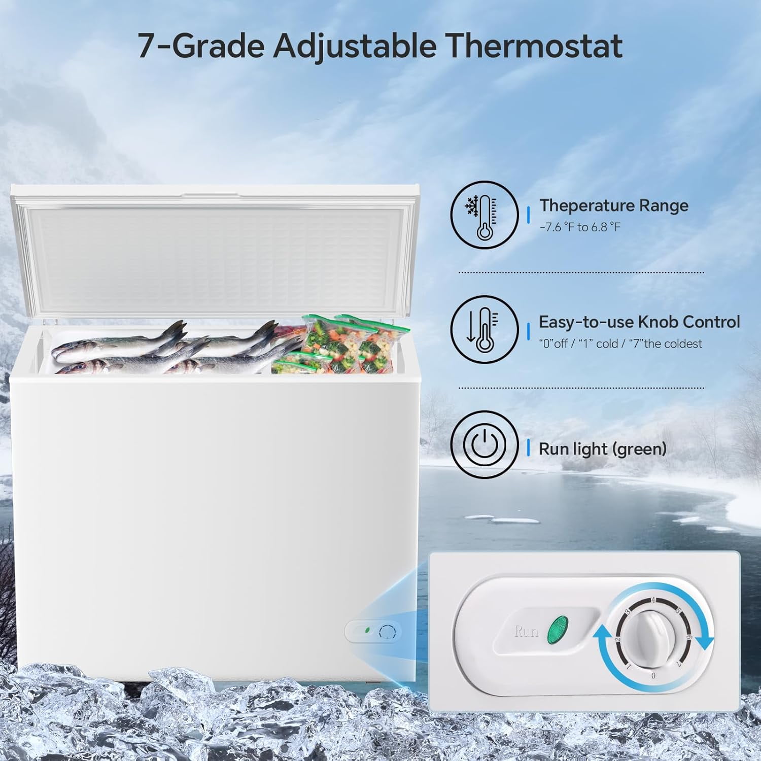 7.0 Cu Ft Chest Freezer with 3 Removable Basket & Defrost Drain,Energy Efficient & Quiet Mini Freezer with 7 Adjustable Thermostat,Compact Deep Freezer for Home,Apartment and Garage - White