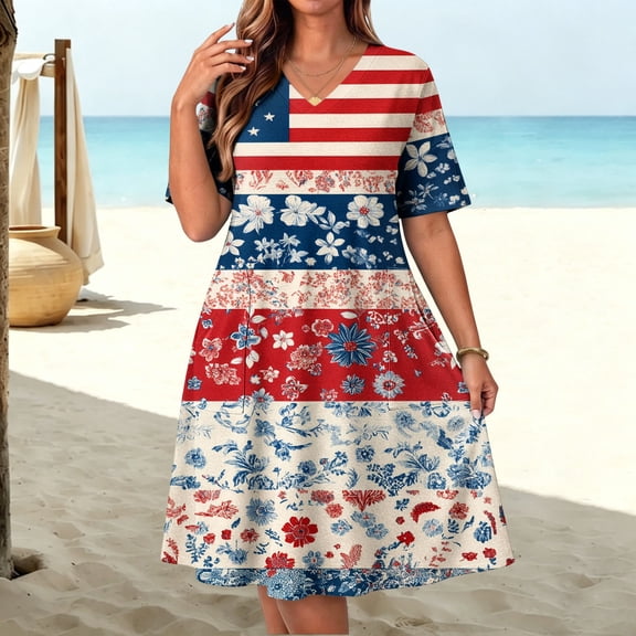 QUNYINEY Independence Day Dresses Women Midi Plus Size Patriotic Short Sleeve A Line Dress with Pockets Summer V-Neck Loose Fit Dresses