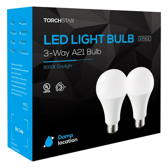 2 Pack A21 3 Way LED Bulb, 3-way Light Bulbs, E26 Base for Table Lamp, Bedside Lamp, 5000K Daylight