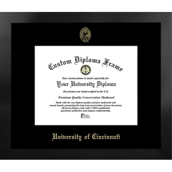 University of Cincinnati 11w x 8.5h Manhattan Black Single Mat Gold Embossed Diploma Frame with Bonus Campus Images Lithograph (value savings at $59)