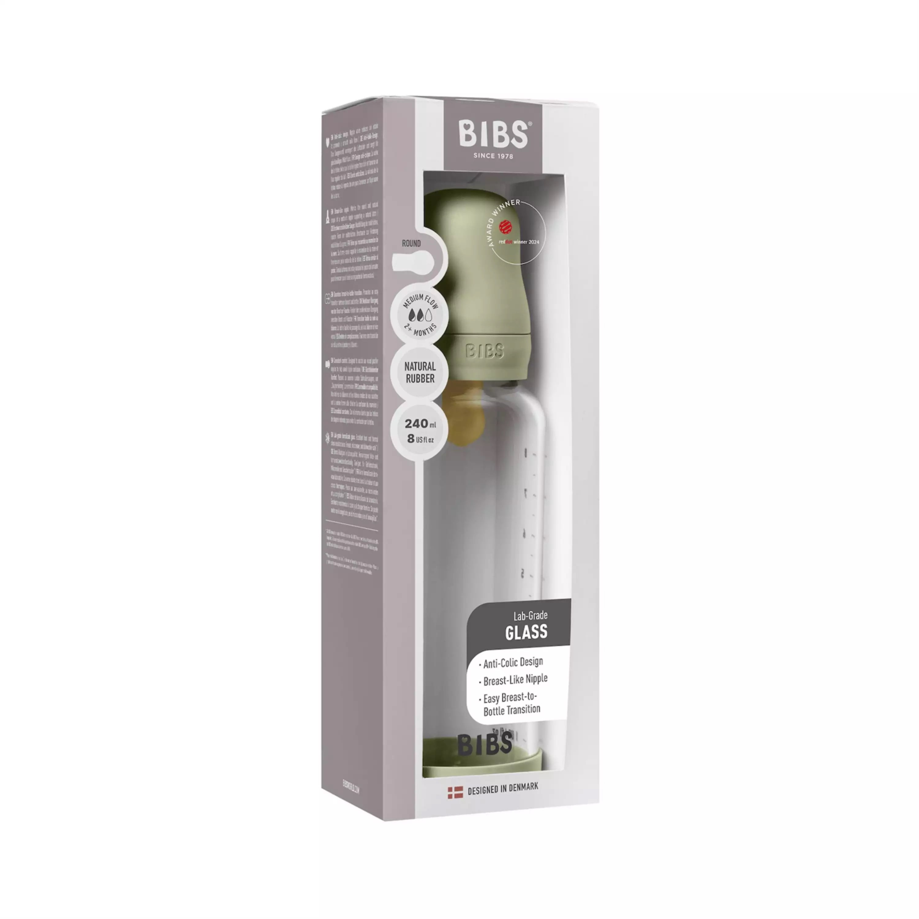 BIBS Glass Baby Bottle with Medium Flow Latex Nipple, 8 oz, Sage, 1 Each
