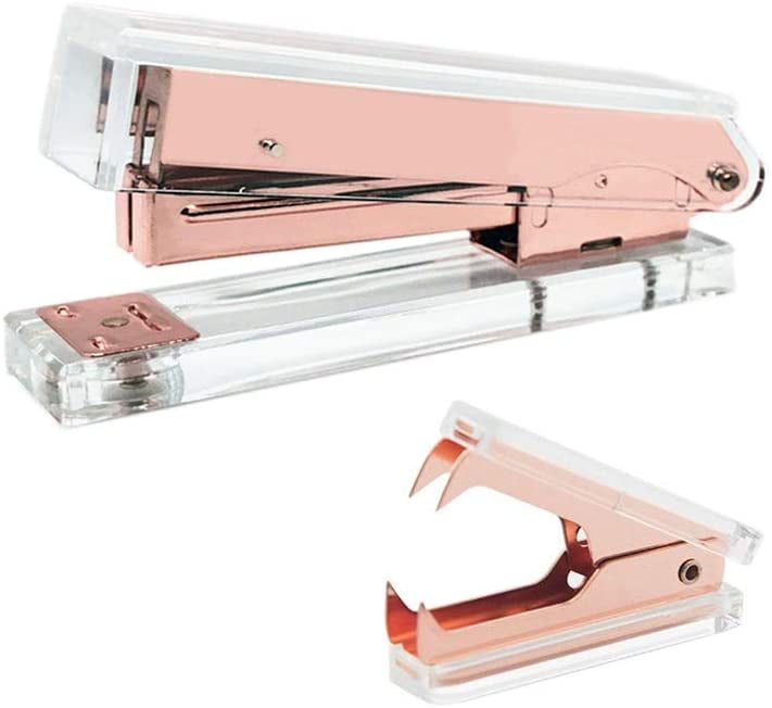 Office Stapler Staples Remover Set, Clear Acrylic Rose Gold Tone Desk Executive Manual Staplers (Clear & Rose Gold)