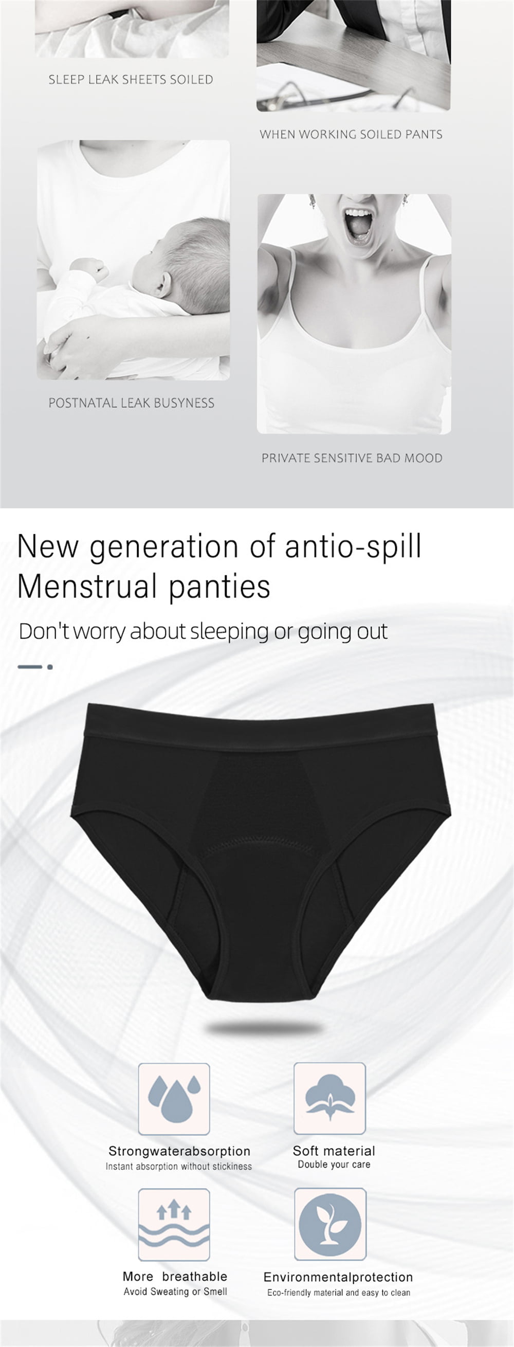 VOOPET 5Pack Leak Proof Menstrual Panties Plus Size Four-layer Period  Underwear for Women Mid Waist Cotton Postpartum Briefs