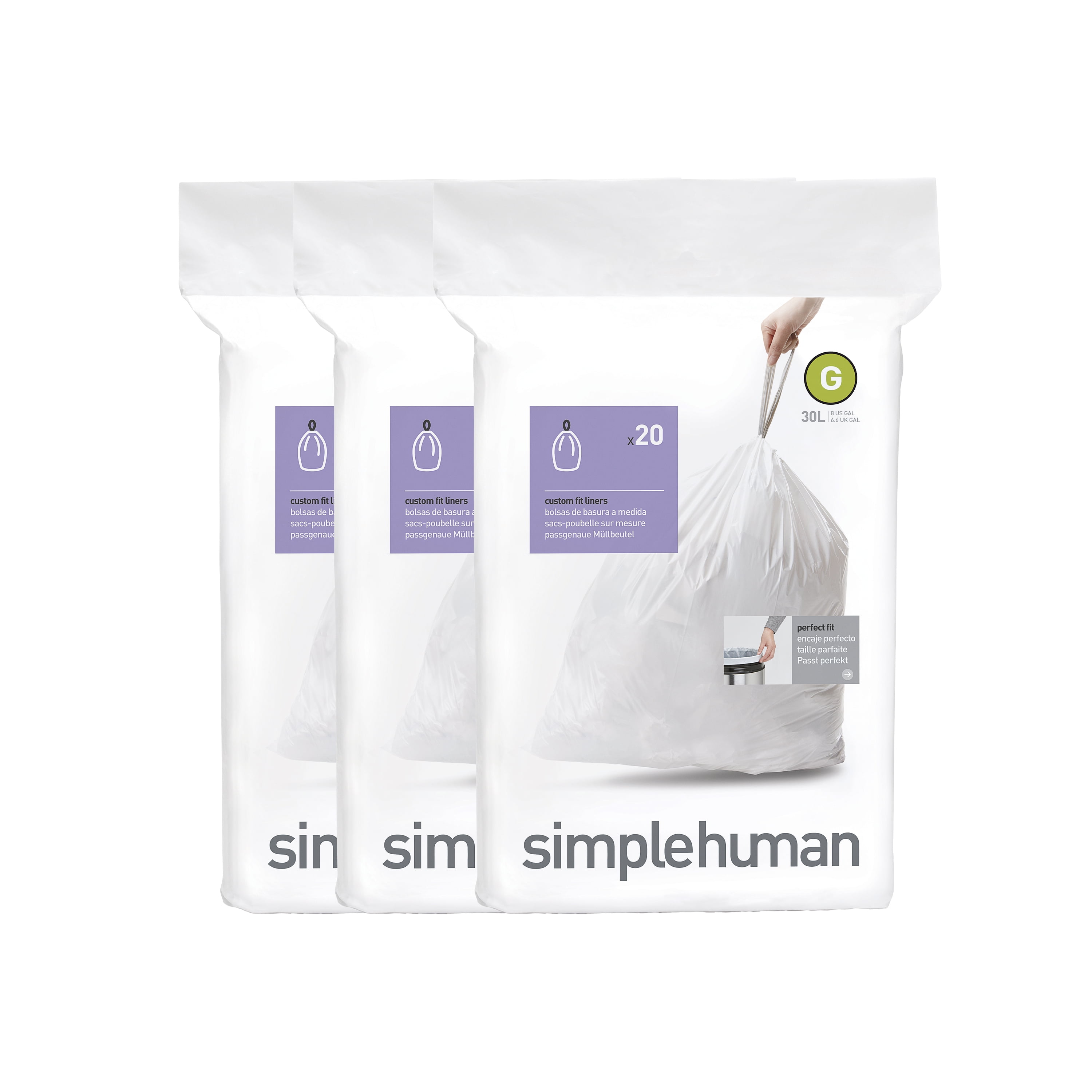 Lot of 3 Code P 20 Ct SIMPLEHUMAN Custom Fit Trash Bags Can Liners Refill Size 