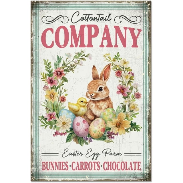 Letrero de metal con diseño de conejo de Pascua, 20 x 30 cm, diseño vintage de huevos de conejo, guirnalda retro, póster de pared