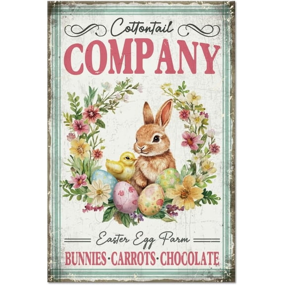 Easter Bunny Metal Tin Sign 8x12in Vintage Rabbit Eggs Tin Painting Tin Signs Retro Garland Wall Poster Plaque for Home Office Easter Celebration Spring Event 1pc
