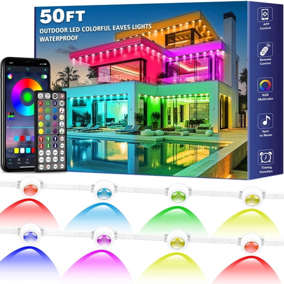50FT Permanent Outdoor RGB Lights, IP67 Waterproof, App & Remote Control, Music Sync, DIY Scene Modes for Garden Christmas