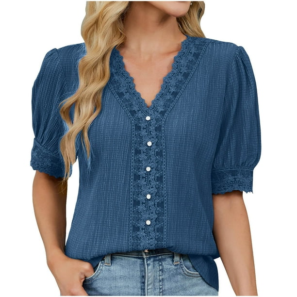 Eres Más Que una Camisa de Puntuación de Prueba Boho Top Manga Corta Cuello Redondo Blusa Suelta, Detalle de Encaje Color Sólido Desgaste de Verano Casual, Mezcla de Poliéster Spandex