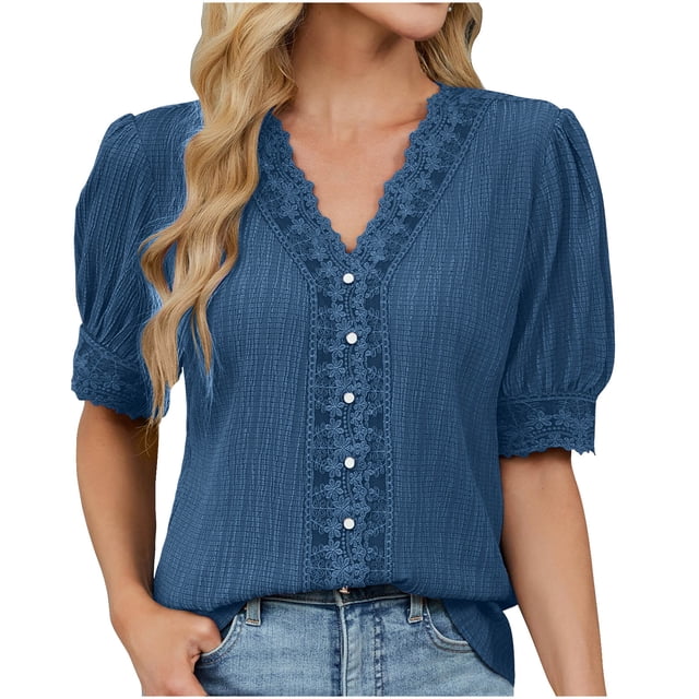 Eres Más Que una Camisa de Puntuación de Prueba Boho Top Manga Corta Cuello Redondo Blusa Suelta, Detalle de Encaje Color Sólido Desgaste de Verano Casual, Mezcla de Poliéster Spandex