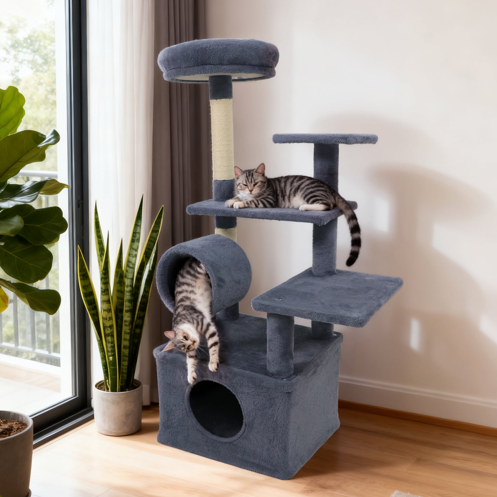 Gymax 48'' Tall Cat Tree w/ Large Condo Padded Top Perch Jute Scratching Post Tunnel Dark Grey