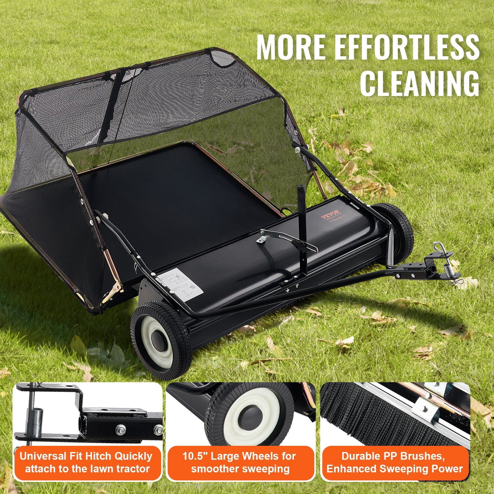 HCY Tow-Behind Lawn Sweeper 42-inch Leaf Yard Collector 12 cu.ft. Adjustable