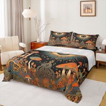 Homewish Boho Bohemain Twin Sheet Sets,Rustic Fungus Mushroom Twin Fitted Sheet,Orange Black Flat Sheet For Kids,Super Cozy Room Decor,3 Pieces