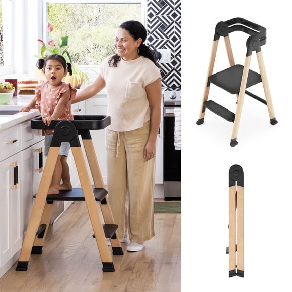 Guidecraft Kitchen Helper FLEX Toddler Tower Step Stool for Kids and Adults - Black: Folding Adjustable Stool for Kitchen and Bathroom