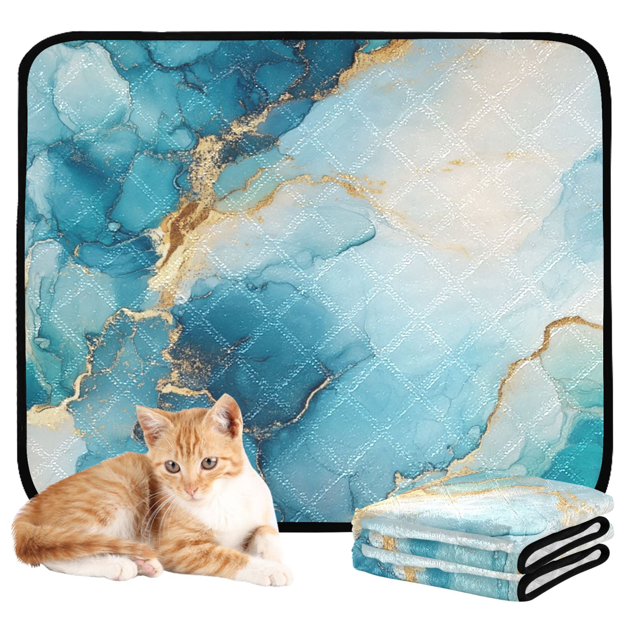 Qxltty Gilt Cyan Marble Cat litter Pads Pet Set of 2 Diaper Mats Center Anti-leakage Layer Absorbent Soft and Comfortable